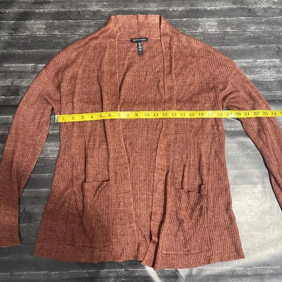 EILEEN FISHER RUSTIC BROWN RED RIBBED KNIT OPEN FRONT CARDIGAN BOHO COTTAGECORE - Picture 6 of 6
